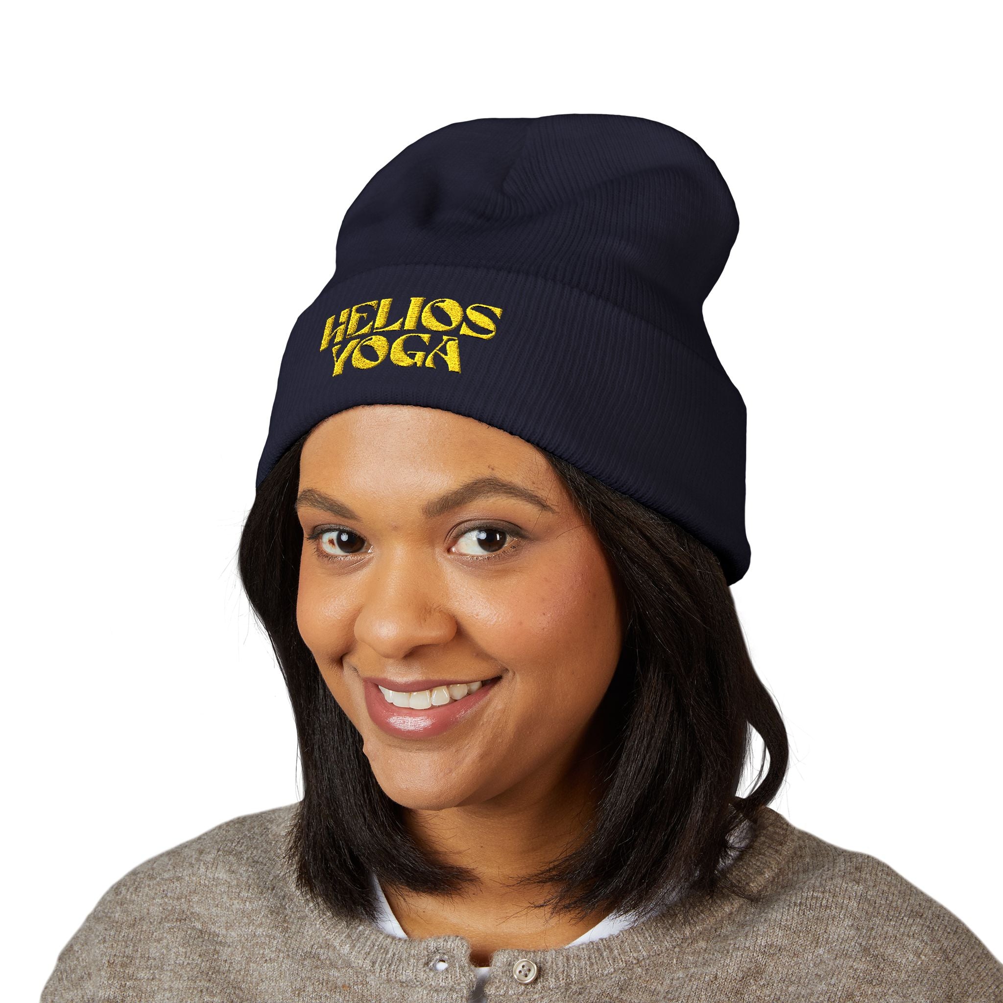 Helios Yoga Embroidered Cuffed Beanie — Cozy Yoga Studio Winter Hat