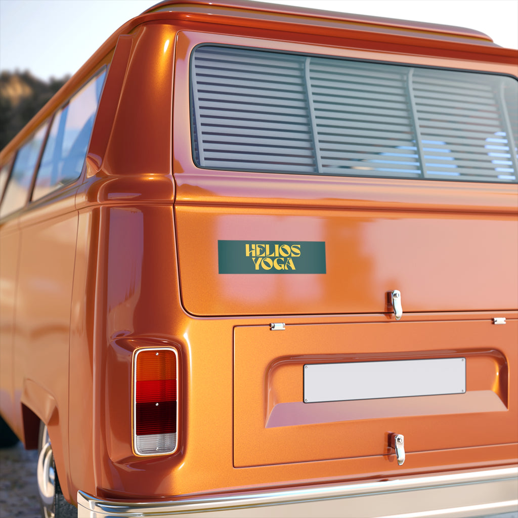 Helios Yoga Bumper Sticker — Retro Yellow Logo on Teal