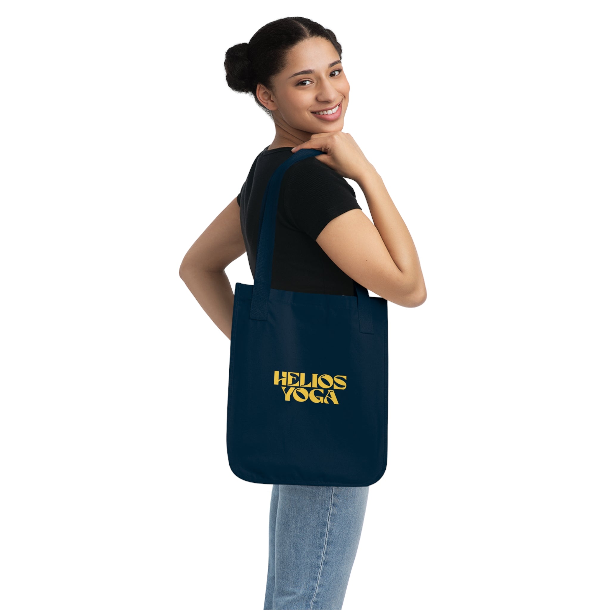 Helios Yoga Organic Tote Bag — Retro Yellow Logo Canvas Market Bag