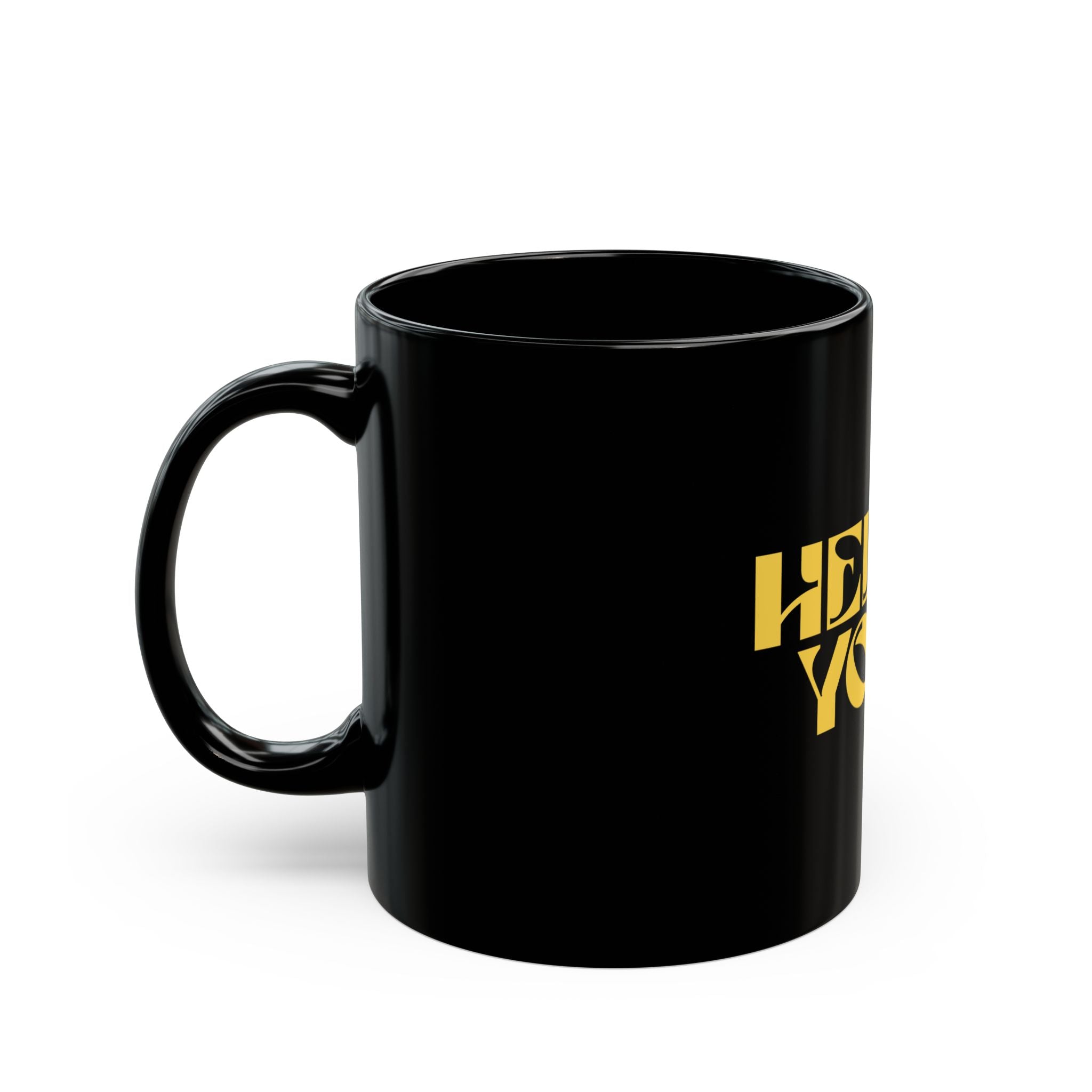 Helios Yoga Black Coffee Mug — Bold Retro Gold Logo (11oz & 15oz)