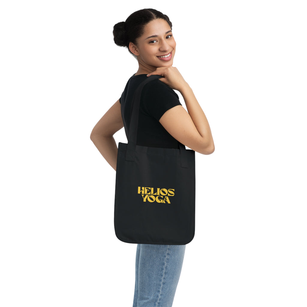 Helios Yoga Organic Tote Bag — Retro Yellow Logo Canvas Market Bag