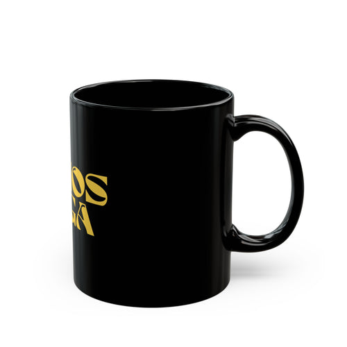 Helios Yoga Black Coffee Mug — Bold Retro Gold Logo (11oz & 15oz)