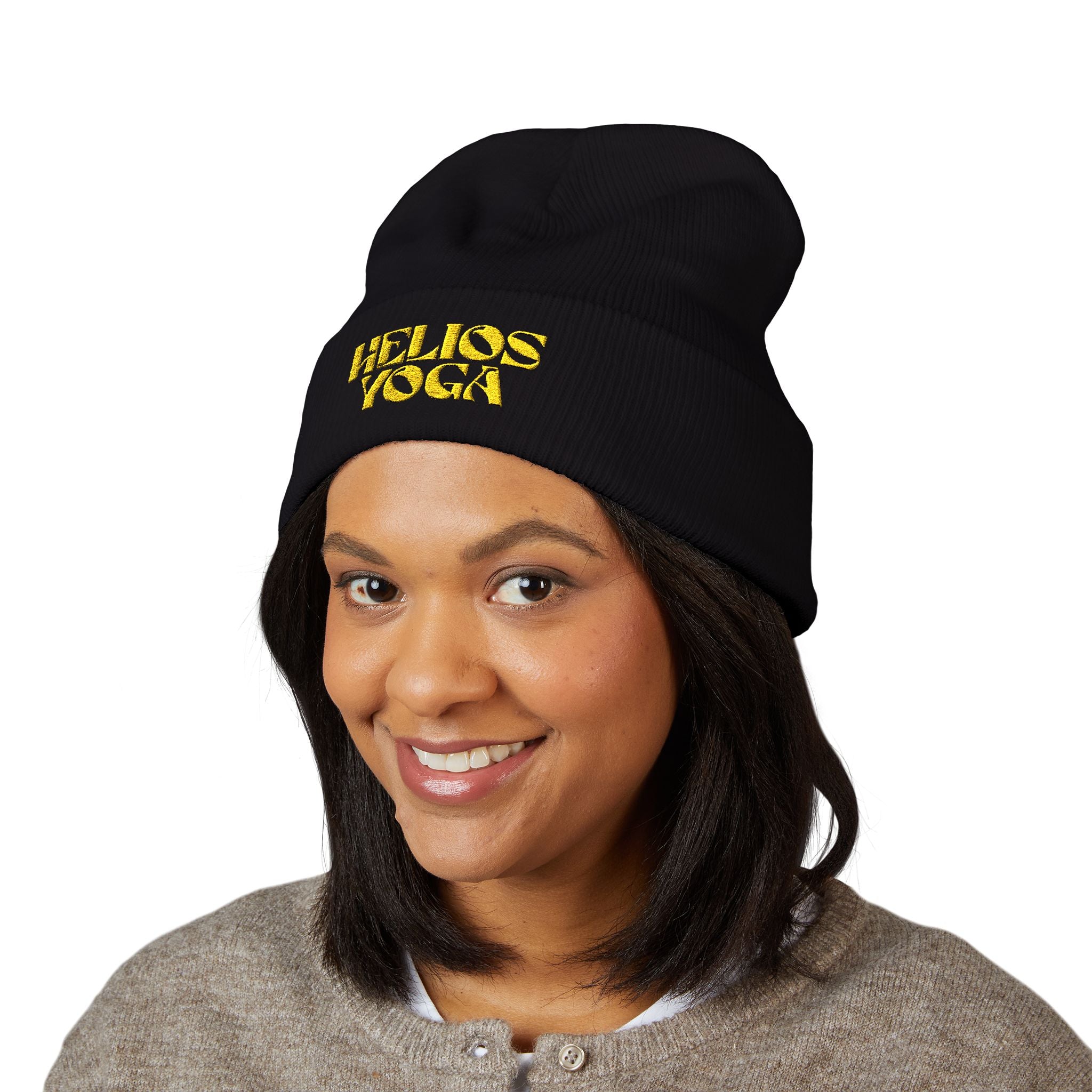 Helios Yoga Embroidered Cuffed Beanie — Cozy Yoga Studio Winter Hat
