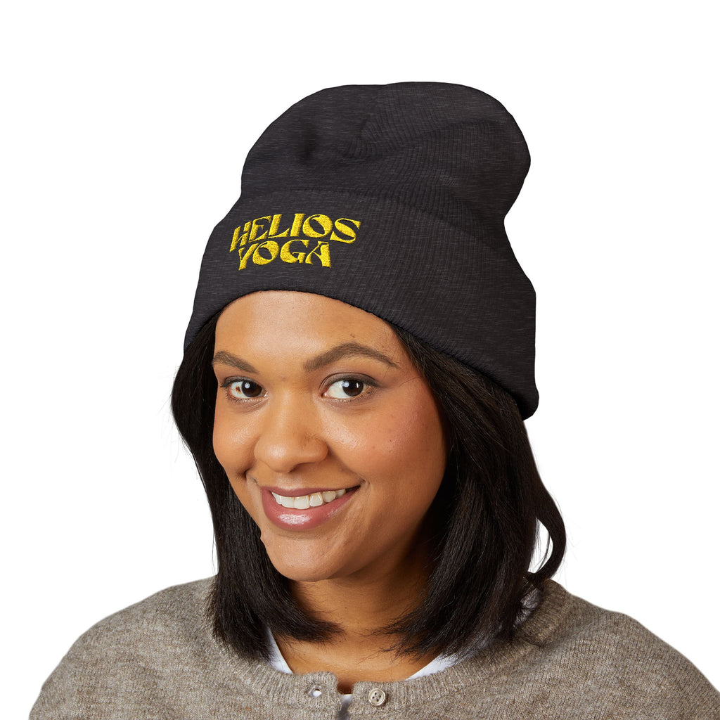 Helios Yoga Embroidered Cuffed Beanie — Cozy Yoga Studio Winter Hat